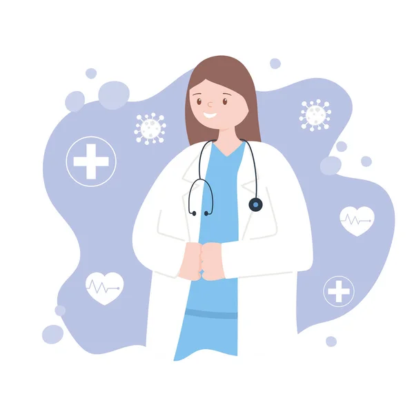 Médecins et infirmières, femme médecin avec stéthoscope dessin animé portrait — Image vectorielle