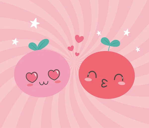 Kawaii fruits kiss love facial expression cartoon — Stock Vector