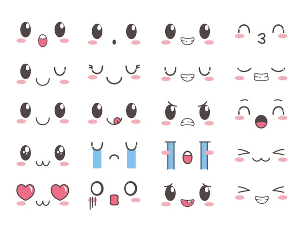 Kawaii lindo encantador emoticono caras dibujos animados conjunto — Vector de stock