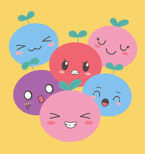 Kawaii ovoce legrační různé tváře kreslený výraz — Stockový vektor
