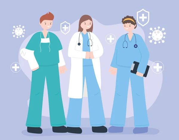 Médicos y enfermeras, equipo médicos profesionales personal de enfermería, personajes de personas médicas — Vector de stock