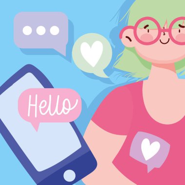 İnsanlar iletişim ve teknoloji, genç kadın akıllı telefon romantik mesajlar sohbet