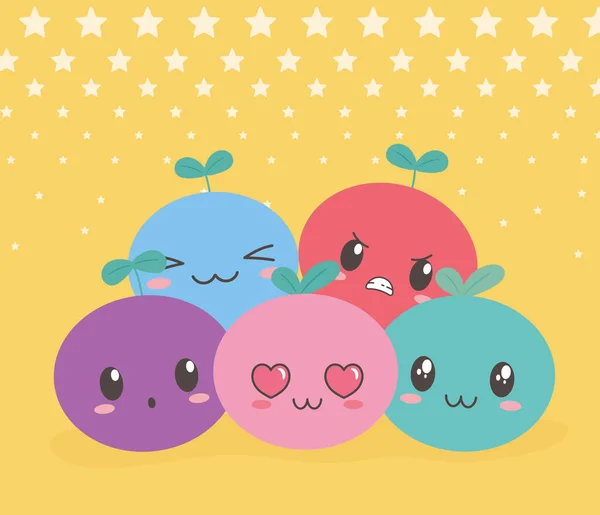 Frutas kawaii engraçado diferentes rostos desenhos animados expressão — Vetor de Stock