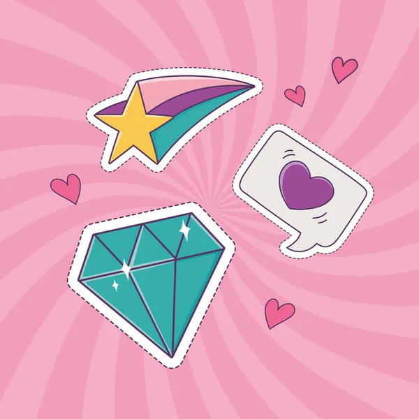 Diamond star and heart love patch fashion badge sticker decoration icon — Stock Vector