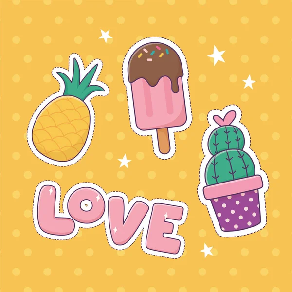 Amor cacto abacaxi sorvete remendo moda emblema etiqueta decoração ícone —  Vetores de Stock