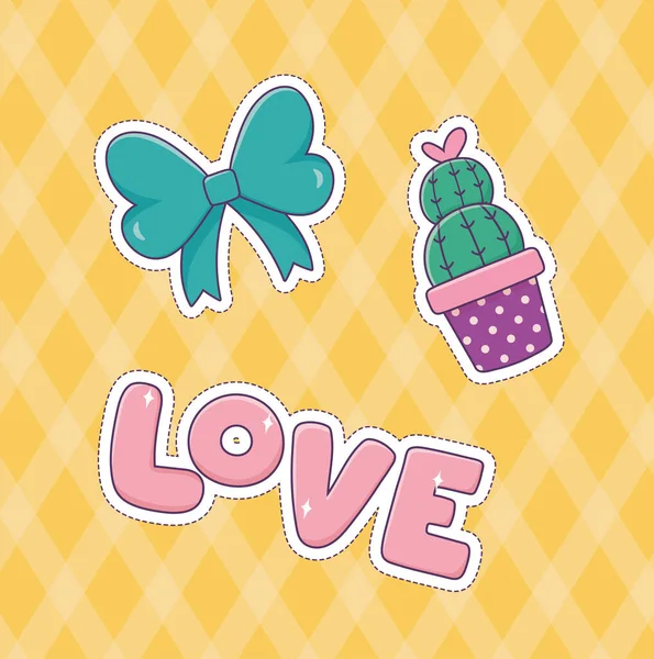 Arc amour cactus patch mode autocollant décoration icône — Image vectorielle