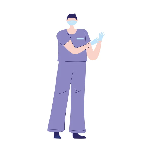 Personnel infirmier masculin avec masque médical et protection des gants — Image vectorielle