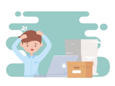 İş stresi, endişeli çalışan birçok kağıt dizüstü bilgisayar ve kutuda çalışıyor.