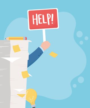 İş stresi, el ele tutuşmalar, kağıt yığınları ve yapışkan notlar.