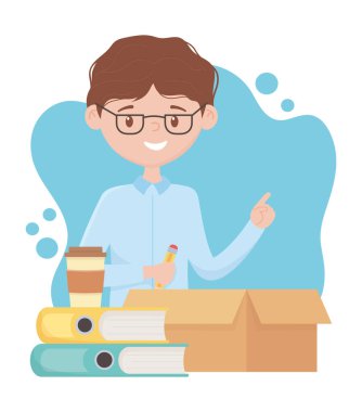 İş stresi, kalem kitapları ve kahve fincanı olan iş adamı.