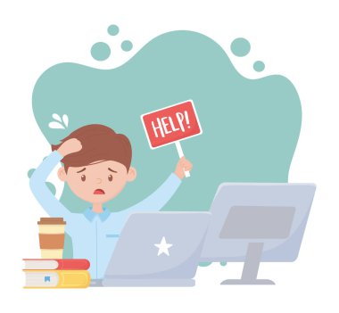 İşte stres, dizüstü bilgisayarlı ve kitaplı endişeli çalışan