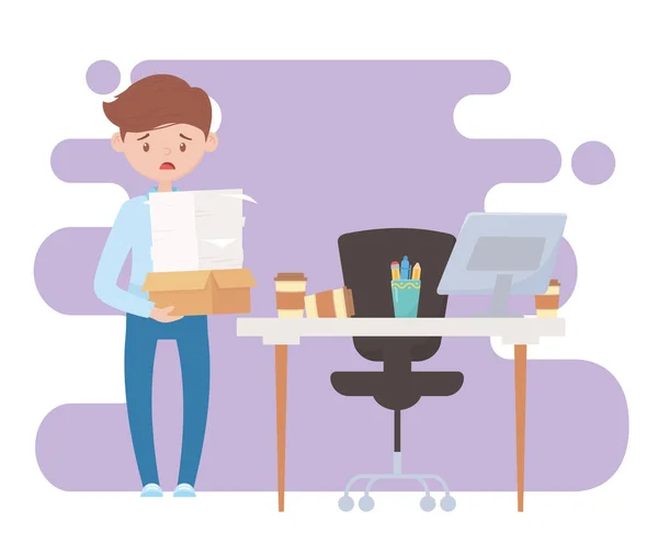 Estresse no trabalho, funcionário estressado transportando pilha de papéis no laptop cadeira de mesa de escritório — Vetor de Stock