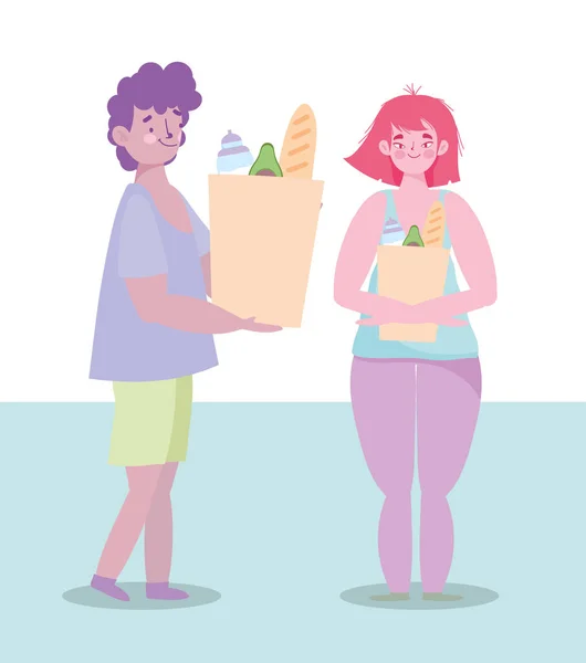 Pessoas acumulando compra, personagens casal com sacos de comida supermercado —  Vetores de Stock