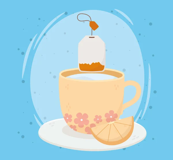 Tea time, tea cup with tea bag slice lemon on saucer — Stock Vector