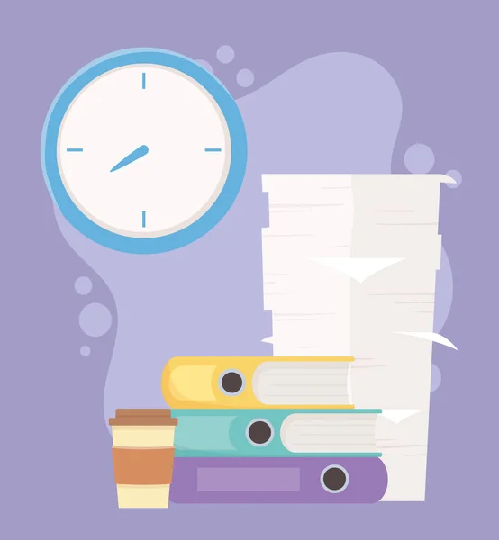 Stressz a munkahelyen, halom papír kötőanyagok kávéscsésze és óra — Stock Vector