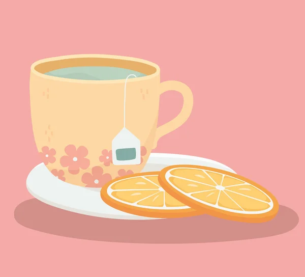 Heure du thé, tasse de thé et tranches d'oranges dans la conception de la plaque — Image vectorielle