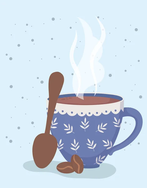 Tempo de café, colher de xícara e sementes bebida aroma fresco — Vetor de Stock
