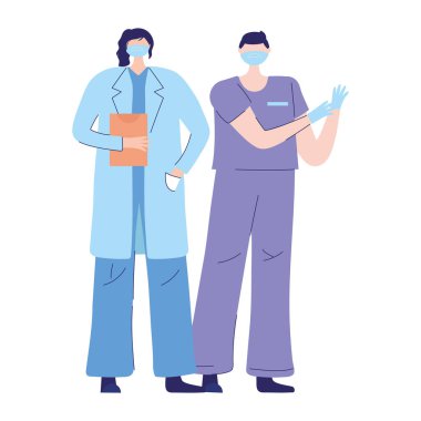 Teşekkürler doktor hemşireler, tıbbi maskeli kadın doktor ve profesyonel erkek.
