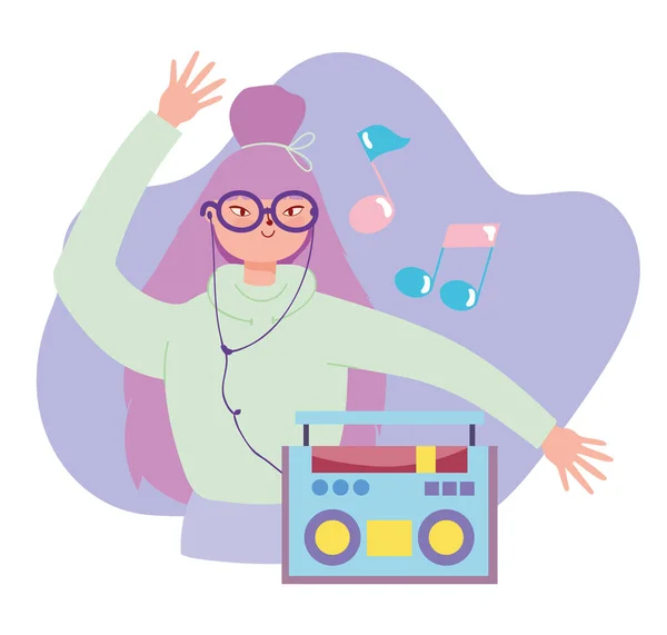 Menina ouvir música com fones de ouvido conectados em estéreo —  Vetores de Stock