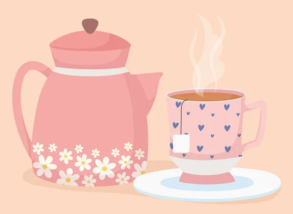 Чай время, декоративные в чашку и чайник свежий напиток — стоковый вектор