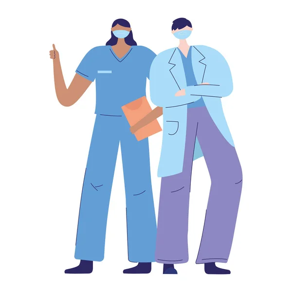 Dzięki lekarzy pielęgniarki, pielęgniarka i lekarz z maską ochronną medyczne i raport — Wektor stockowy