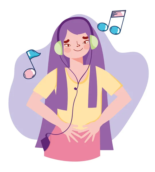 Menina com mp3 e fone de ouvido ouvindo notas de música — Vetor de Stock