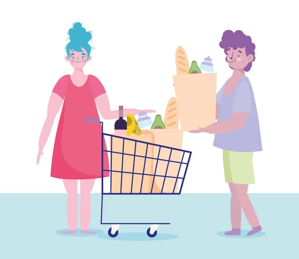 Persone che accumulano l'acquisto, coppia personaggi con carrello della spesa e borsa supermercato alimentare — Vettoriale Stock
