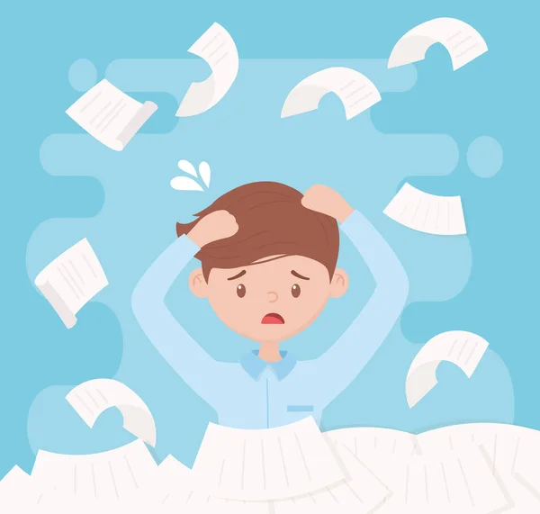 Stres w pracy, irytujące stosy papierów i dokumentów dla pracowników — Wektor stockowy