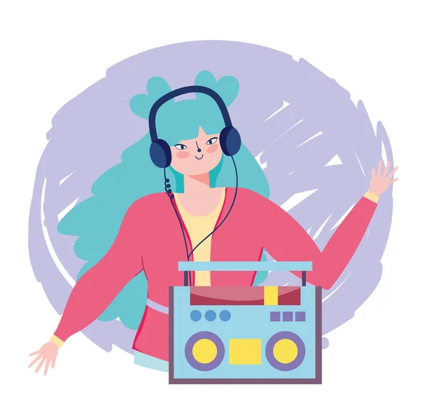 Menina ouvir música com rádio estéreo e fones de ouvido — Vetor de Stock