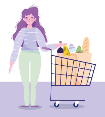 Alışveriş arabası ve yiyecek marketi olan kadın karakterler.