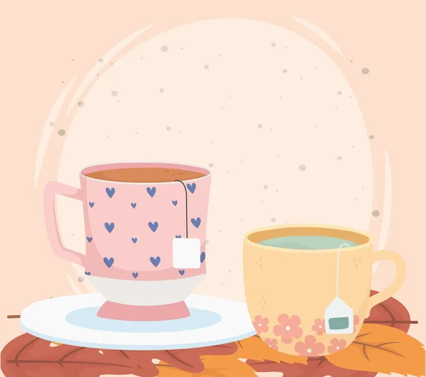 Tea Time, Tassen mit Teebeuteln Blätter Kräuterdesign — Stockvektor