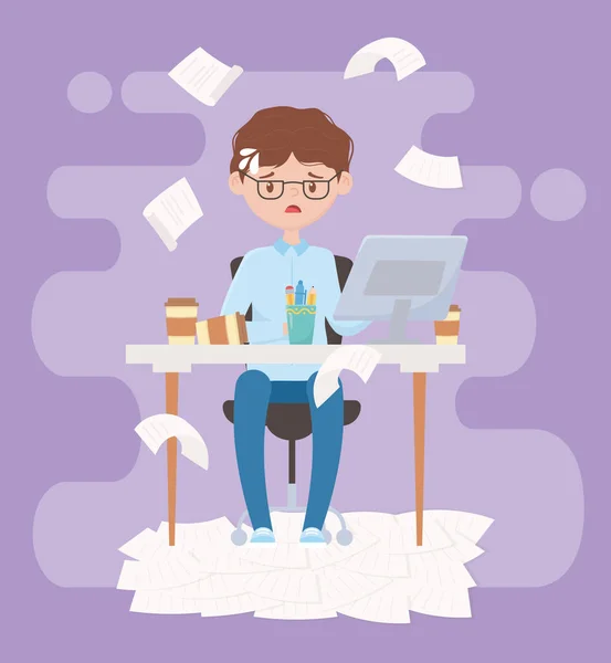 Stress op het werk, uitgeputte zakenman op kantoor — Stockvector