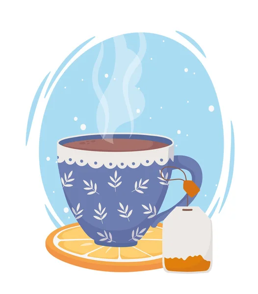 Ora del tè, tazza blu con bustina di tè sulla fetta arancione fresco — Vettoriale Stock