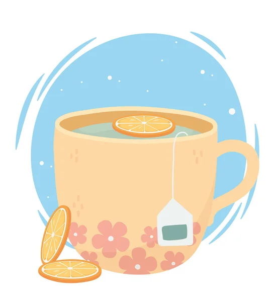 Tea time, cup of tea with orange slices and tea bag fresh drink — Stock Vector