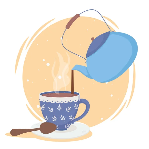 Tiempo de café, hervidor de agua verter en taza cuchara bebida fresca — Archivo Imágenes Vectoriales