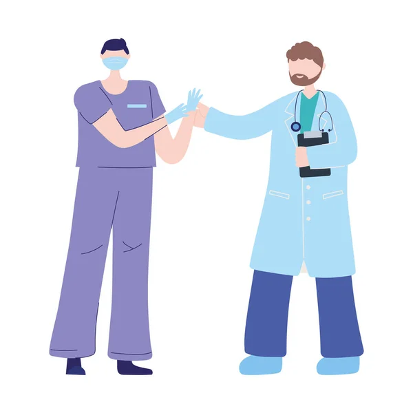 Merci médecins infirmières, médecin et infirmière avec masque et gants médicaux — Image vectorielle
