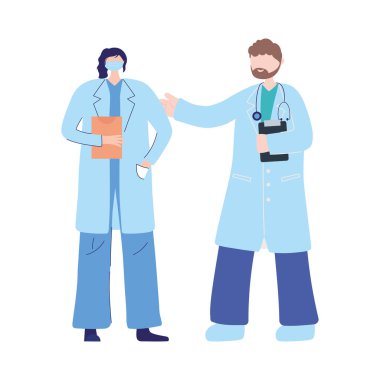 Teşekkürler doktor hemşireler, tıbbi maskeli kadın doktor ve profesyonel erkek.