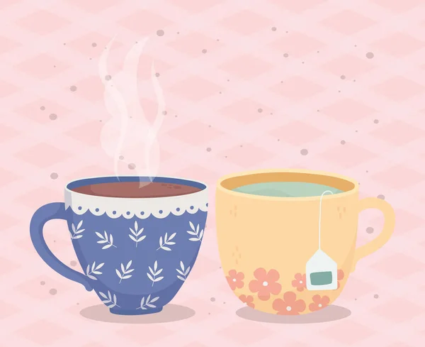 Kaffeezeit, Tassen Kaffee Tee Teebeutel frisches Getränk — Stockvektor