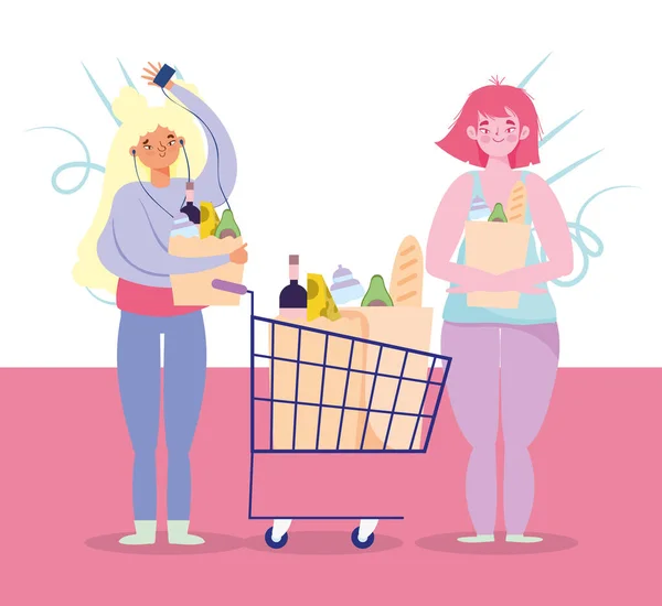 Pessoas acumulando compra, mulher e menina com carrinho de compras e sacos de supermercado —  Vetores de Stock