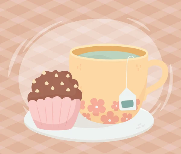 Czas herbaty, filiżanki i słodkie babeczki w stylu naczynia — Wektor stockowy