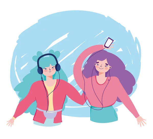 Meninas felizes ouvir música com smartphone e fones de ouvido —  Vetores de Stock