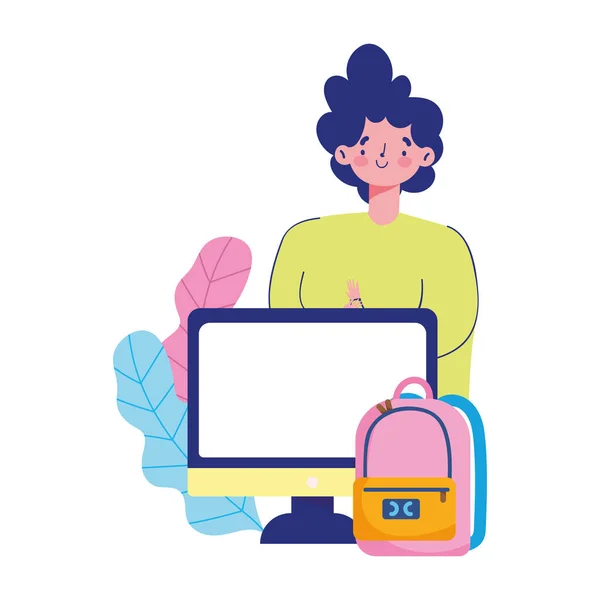 Онлайн-образование, школьный компьютер для мальчиков и мультфильм для рюкзака — стоковый вектор