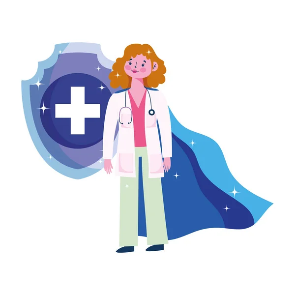 Gracias médicos, médico femenino con carácter de héroe — Vector de stock