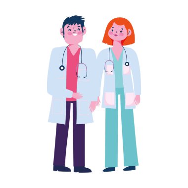 Steteskop ve üniformalı kadın ve erkek doktorlara teşekkürler.