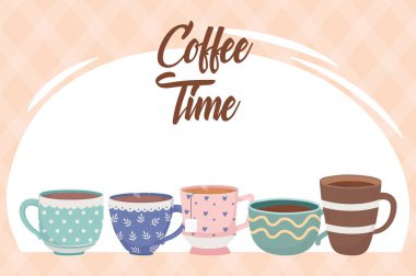 Kahve zamanı, farklı fincanlar kahve ve çay taze aroma içeceği.
