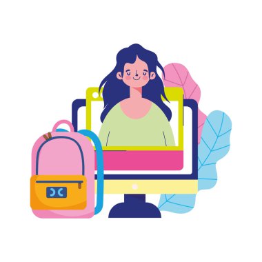 İnternet eğitimi, bilgisayar öğrencisi kız sırt çantası okulu