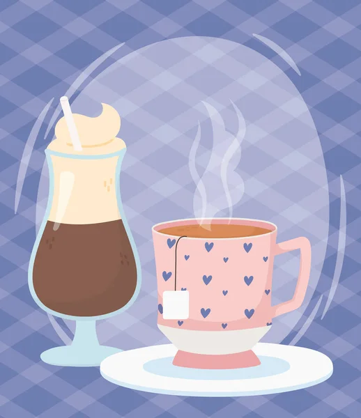 咖啡时间，杯子，拿铁和茶包新鲜饮料 — 图库矢量图片