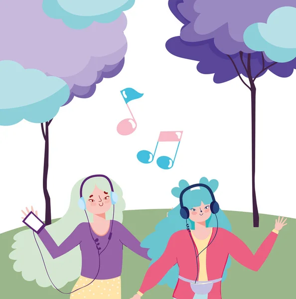 Junge Frauen im Park mit Geräten und Kopfhörern, die Musik hören — Stockvektor