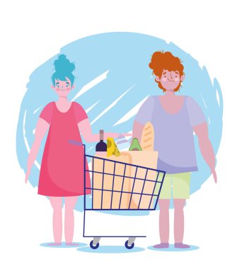 İnsanlar alışveriş için para biriktiriyorlar, alışveriş arabası ve yiyecek marketi olan birkaç karakter.