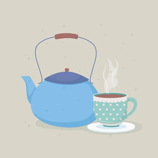 Kaffeezeit und Tee blauer Wasserkocher und Tasse mit Teller — Stockvektor